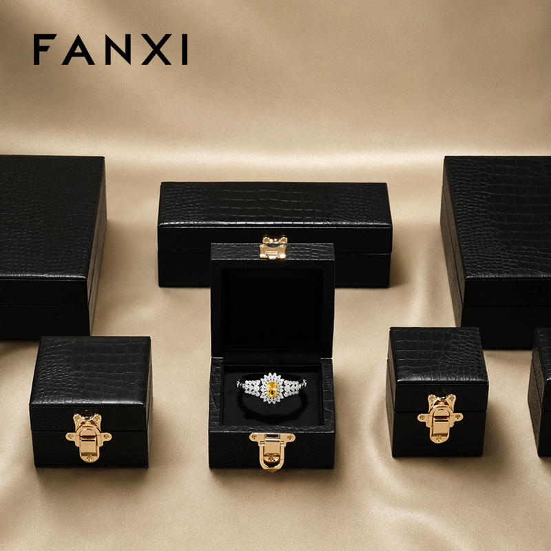 FANXI Luxury Black Leather Velvet Jewelry Box