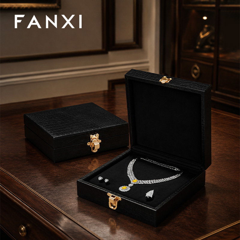 FANXI Luxury Black Leather Velvet Jewelry Box