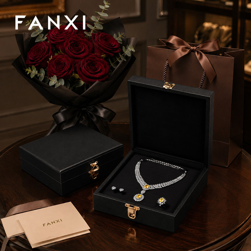 FANXI Luxury Black Leather Velvet Jewelry Box