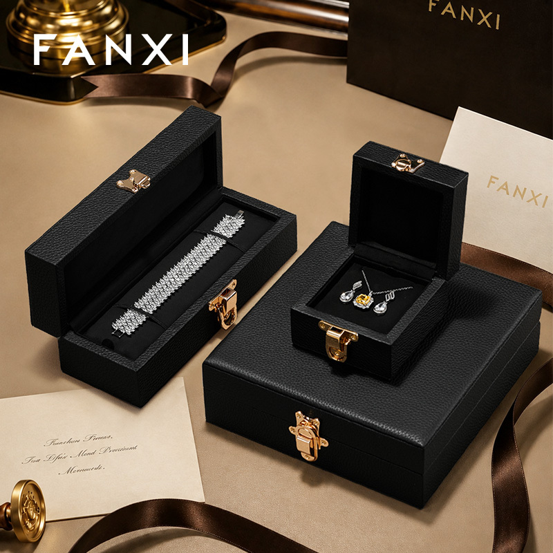 FANXI Luxury Black Leather Velvet Jewelry Box