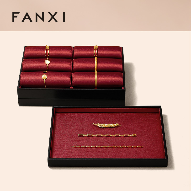 FANXI Fashion Red Leather Silk Jewelry Storage Tray