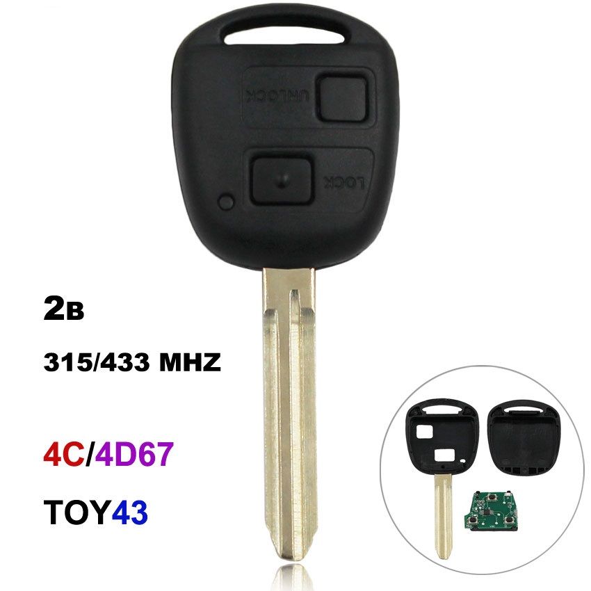 New Replacement Key Fob Shell Case For Toyota – 2 Button Side, Uncut – Black, TOY43 Compatible