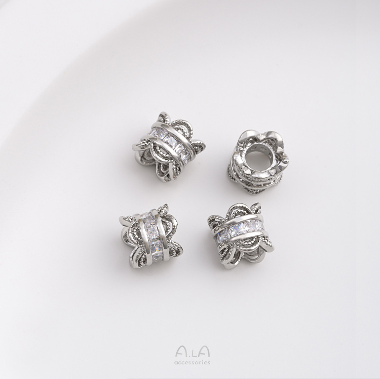 强保色14K包金镶锆石大孔隔珠路路通蕾丝双面花托皇冠diy串珠配件