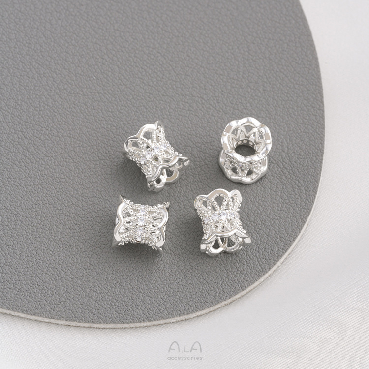 强保色14K包金镶锆石大孔隔珠路路通蕾丝双面花托皇冠diy串珠配件