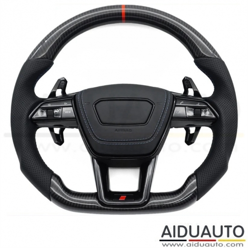 For Audi A6 C8 Without Heated Perforated Leather Forged Carbon Fiber RS Logo Steering Wheel Key Button Frame Assembly