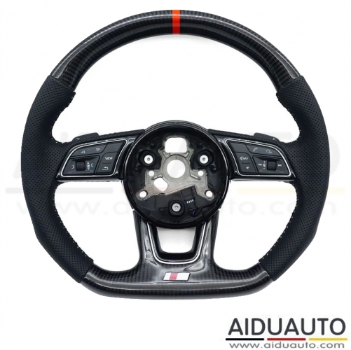 For Audi A4 B9 Carbon Fiber Semi Perforated Leather Steering Wheel White Stitching