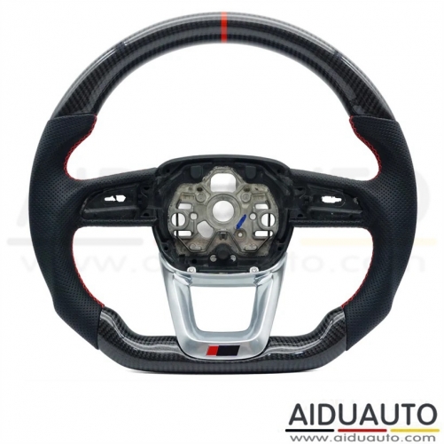 Carbon fiber steering wheel with leather perforations With frame For Audi Q3 - Red Stitching