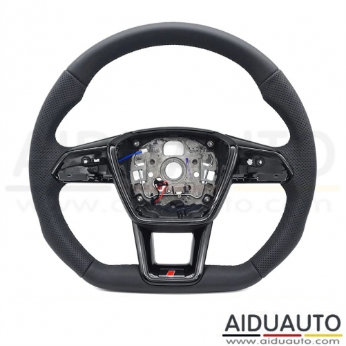 For Audi A6 C8 A7 perforated leather baking black sports flat bottomed semi Perforated steering wheel With heating function - black stitching