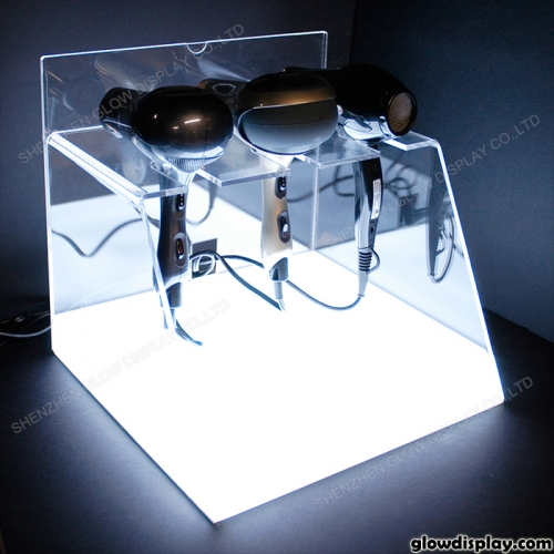 GlowDisplay acrylic hair dryer display case for trade show booth with LED lighting