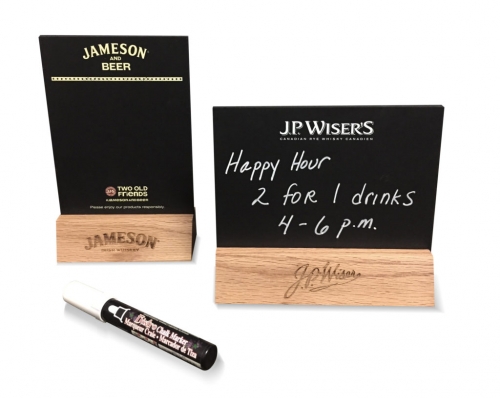 wood jameson & JP Wiser table tent menu sign holder with chalk pen