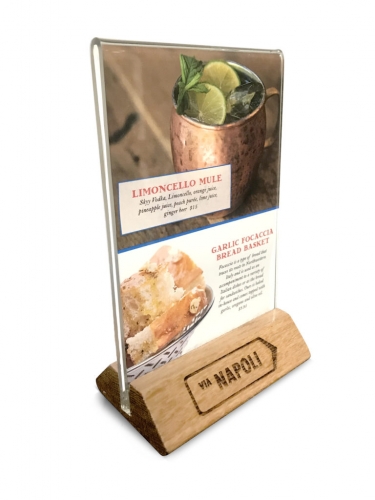 Napoli vertical wooden acrylic menu sign holder table tent with printed insert