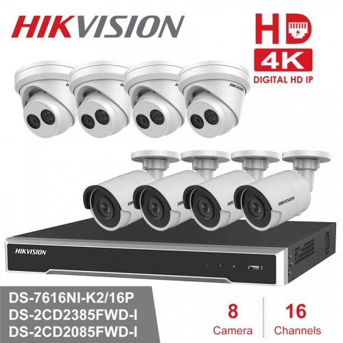 Hikvision kit DS-7616NI-K2/16P 4K 8ch NVR 2 x DS-2CD2085FWD-I 8mp IP Cameras 6 x DS-2CD2385FWD-I 8mp IP Cameras