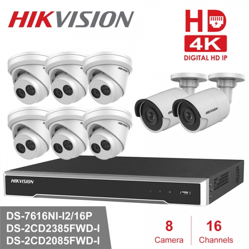 Hikvision 4K NVR kit DS-7616NI-I2/16P 16ch NVR 2 x DS-2CD2085FWD-I 6X DS-2CD2385FWD-I 8mp IP Cameras