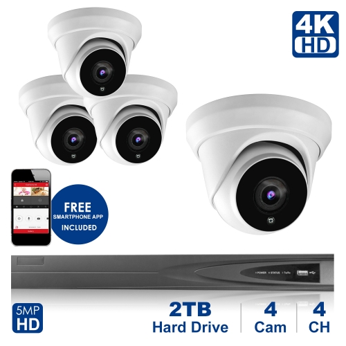 Anpviz 4 channel 4K home security system with 4 Turret Security Dome IP Camera 5MP 2592x1944P, 2TB Storage - Outdoor weatherproof IP Poe Security cameras, 100ft Night Vision - H.265+ , Plug and Play,Remote Home Monitoring System, IPK764035W-4 ( NVR By Hik