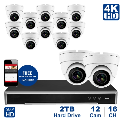 Anpviz 16 channel 4K home security system with 12 Dome 5MP 2592x1944P IP POE Cameras, 4TB Storage - Outdoor weatherproof IP Poe Security cameras, 100ft Night Vision - H.265+ , Plug and Play,Remote Home Monitoring System, IPK7616315W-12