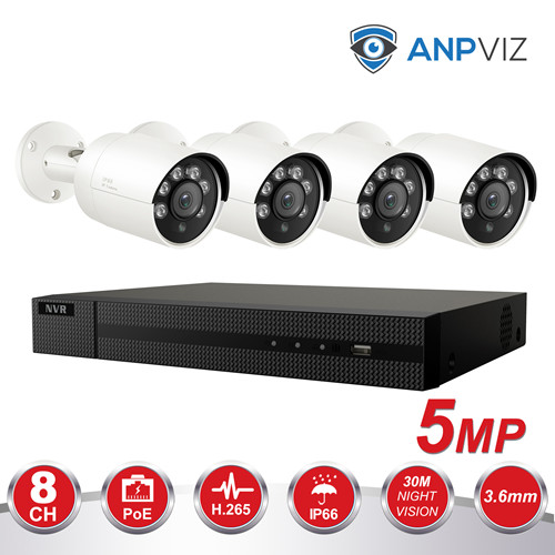 Anpviz (Hikvision Compatible) 5MP 8CH IP PoE Camera System, 8CH 4K Ultra HD NVR PoE, 5MP H.265 Bullet POE IP Camera With Night Vision 98ft, Audio, 3.6mm Fixed Lens, Weatherproof IP66, Playback, Motion Alert