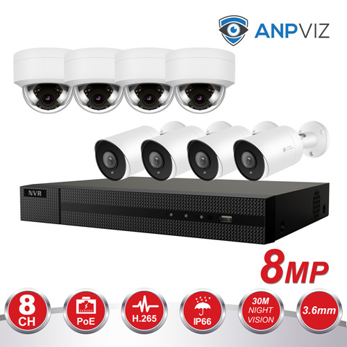 (Hikvision Compatible) Anpviz 8CH 8MP H.265 POE IP Camera System, 8 Channel 4K H.265+ Onvif NVR, 4 x 8MP Bullet IP POE Cameras, 4 x 8MP POE IP Dome Cameras, ,SD Card Slot, 3.6mm Fixed Lens, Night Vision 98ft, Indoor Outdoor Weatherproof IP66