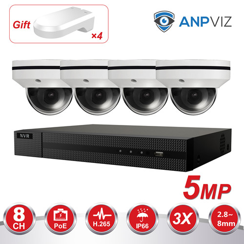 Anpviz (Hikvision Compatible) 5MP 8CH PoE IP Camera System, 8 Channel 4K NVR POE, 4 x 5MP H.265 Weatherproof IP66 Dome IP PTZ POE Cameras 3X Optical Zoom 2.8~8mm Motorized Lens, Motion Alert, Onvif, Gift x4