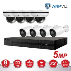 Anpviz (Hikvision Compatible) 5MP 8CH IP PoE Camera System, 8 Channel 4K Onvif NVR, 4 x 5MP IP PoE Bullet Cameras With Audio, SD Card Slot , 2.8mm Fixed Lens, 4 x 5MP Dome POE IP PTZ Cameras With 3X Optical Zoom 2.8~8mm Motorized Lens