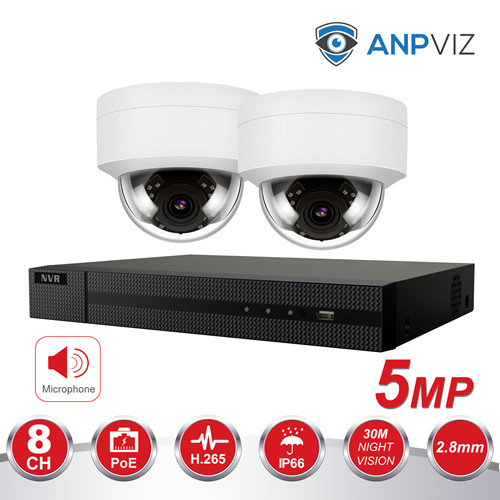 Anpviz (Hikvision Compatible) 5MP 8CH PoE IP Camera System, 8 Channel 4K HD POE NVR, 2 x 5MP H.265 POE Dome IP Security Camera Night Vision 98ft, Motion Alert, Audio, Weatherproof IP66, White
