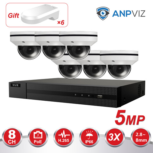 Anpviz (Hikvision Compatible) 5MP 8CH IP PoE Camera System, 8 Channel 4K NVR POE, 6 x 5MP H.265 Weatherproof IP66 Dome IP PTZ POE Cameras, 3X Optical Zoom 2.8~8mm Motorized Lens, Night Vision 98ft, Onvif, Gift x 6