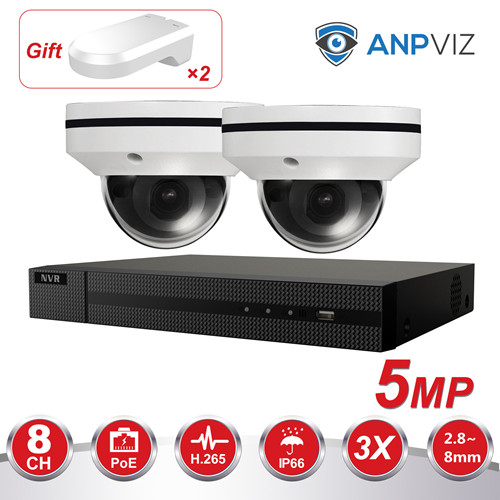 Anpviz (Hikvision Compatible) 5MP 8CH PoE IP Camera System, 8 Channel 4K HD POE NVR, 2 x 5MP H.265 IP PTZ POE Dome Cameras 3X Optical Zoom 2.8~8mm Motorized Lens, Weatherproof IP66, Motion Alert, Onvif, Gift x2