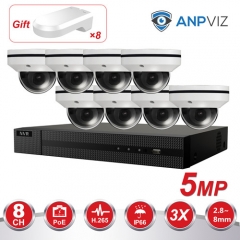 Anpviz (Hikvision Compatible) 5MP 8CH IP PoE Camera System, 8 Channel 4K NVR POE, 8 x 5MP H.265 Indoor Outdoor IP66 Dome IP PTZ POE Cameras, 3X Optical Zoom 2.8~8mm Motorized Lens, Onvif, Gift x8