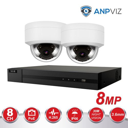 Anpviz (Hikvision Compatible) 8MP 8CH PoE IP Camera System, 8CH 4K Ultra HD NVR PoE, 2 x 8MP H.265 POE Dome IP Camera 2TB HDD Included Weatherproof IP66, SD Card Slot, 3.6mm Fixed Lens, White