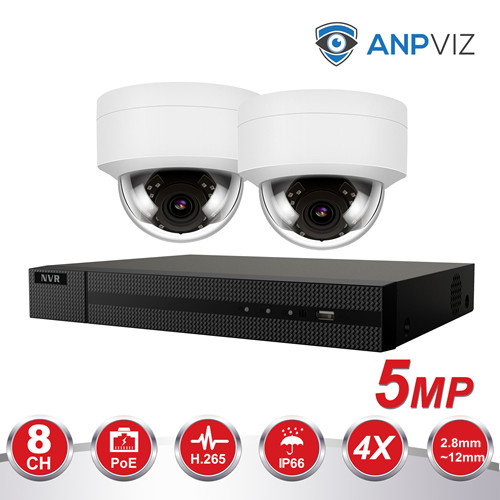 (Hikvision Compatible) Anpviz 5MP 8CH PoE IP Camera System, 8 Channel 4K HD POE NVR, 2 x 5MP 2592x1944P PoE IP DomeCameras Motorized 4X Optical 2.8~12mm Wide Angle Security Camera, Weatherproof IP66, Motion Alert, White