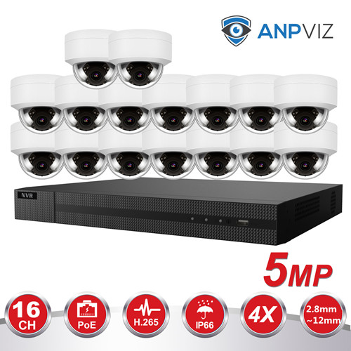 Anpviz (Hikvision Compatible) 5MP 16CH PoE IP Camera System, 16 Channel 4K POE NVR, 16 x 5MP Motorized 4X Optical 2.8~12mm Wide Angle IP PoE Dome Cameras Night Vision 98ft Weatherproof IP66