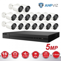 Anpviz (Hikvision Compatible) 5MP 16CH IP PoE Camera System, 16CH 4K Ultra NVR PoE, 16 x 5MP H.265 Night Vision 98ft Audio IP Bullet POE Camera Motion Alert, Weatherproof IP66, 3.6mm Fixed Lens Onvif