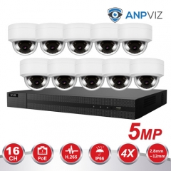Anpviz (Hikvision Compatible) 5MP 16CH PoE IP Camera System, 16 Channel 4K POE NVR, 10 x 5MP Weatherproof IP66 4X Zoom PoE IP Dome Cameras, 2.8~12mm motorized lens, Night Vision 98ft