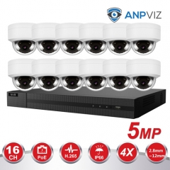 Anpviz (Hikvision Compatible) 5MP 16CH PoE IP Camera System, 16 Channel 4K POE NVR, 12 x 5MP Night Vision 98ft Weatherproof IP66 PoE IP Dome Cameras, 4X Zoom 2.8~12mm motorized lens