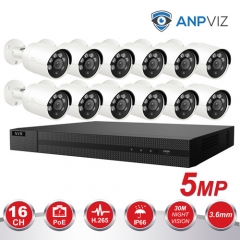 Anpviz (Hikvision Compatible) 5MP 16CH IP PoE Camera System, 16CH 4K Ultra NVR PoE, 12 x 5MP H.265 3.6mm Fixed Lens IP Bullet POE Camera Night Vision 98ft, Audio,, Motion Alert, Weatherproof IP66 Onvif