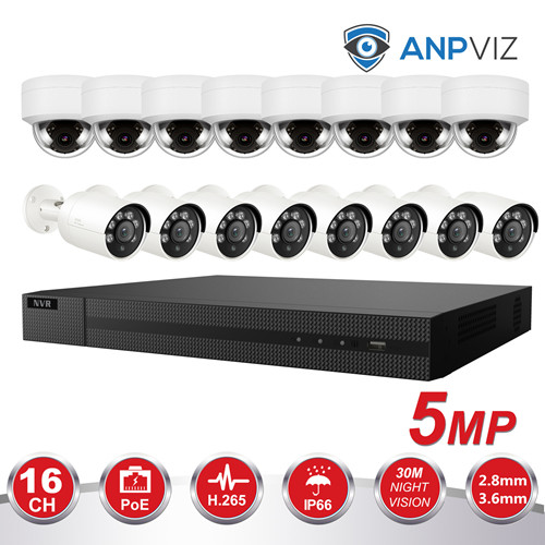Anpviz (Hikvision Compatible) 5MP 16CH IP PoE Camera System, 16CH 4K Onvif NVR PoE, 8 x 5MP IP Bullet POE Camera With Audio, 3.6mm Fixed Lens, 8 x 5MP Audio IP Dome POE Camera, 2.8 Fixed Lens, Night Vision 98ft, IP66