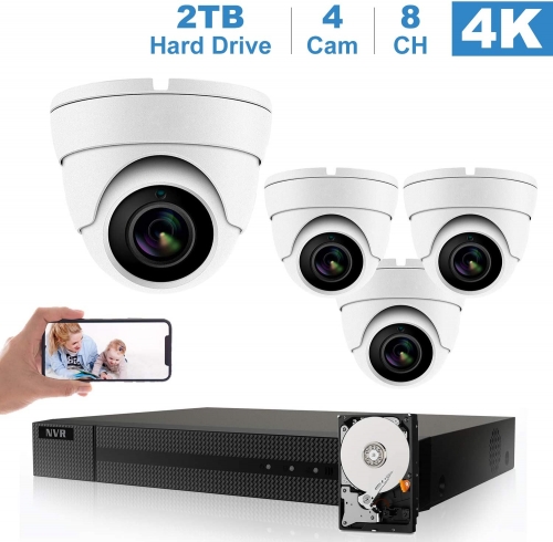 Anpviz (Hikvision Compatible) 5MP 8CH PoE IP Camera System, 8CH 4K Ultra HD PoE NVR, 5MP H.265 POE Dome IP Camera With Night Vision 98ft, Audio, Motion Detection, Weatherproof IP66, Onvif，White