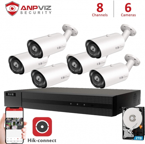 Anpviz 5MP 8CH PoE H.265 IP Camera System, 8 Channel 4K HD POE NVR, 6 x 5MP 2592x1944P Bullet IP PoE Cameras 4X Optical Zoom Vari-focal 2.8~12mm Motorized Lens Security Camera, Indoor Outdoor Weatherproof IP66, SD Card Slot , White