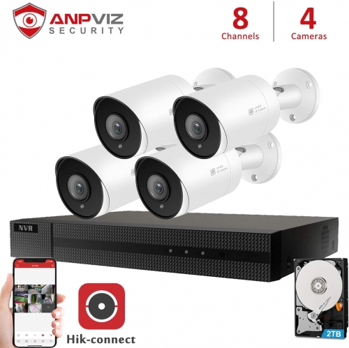 (Hikvision Compatible) Anpviz 5MP 8CH PoE IP Camera System, 8 Channel 4K Onvif NVR, 4 x 5MP 2592x1944P HD Bullet IP PoE Cameras With Audio, SD Card Slot , 98ft IR,Motion Detection