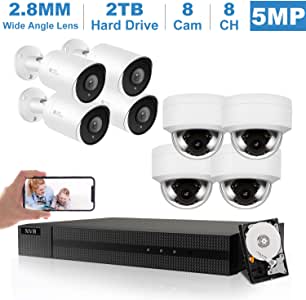 (Hikvision Compatible) Anpviz 5MP 8CH H.265 POE IP Camera System, 8 Channel 4K H.265+ Onvif NVR, 4 x 5MP Bullet IP POE Cameras, 4 x 5MP Dome IP POE Cameras,98ft IR, Audio, 2.8mm Fixed Lens