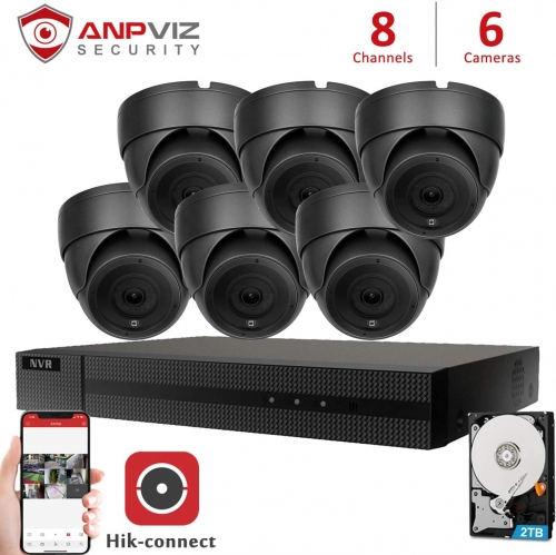 Anpviz (Hikvision Compatible) 5MP 8CH PoE IP Camera System, 8CH 4K Ultra HD PoE NVR, 6 x 5MP 2592x1944P H.265 POE Dome IP Camera 2TB HDD included, IP Security Camera Night Vision 98ft, Audio, Motion Detection, Weatherproof IP66 , Plug and Play