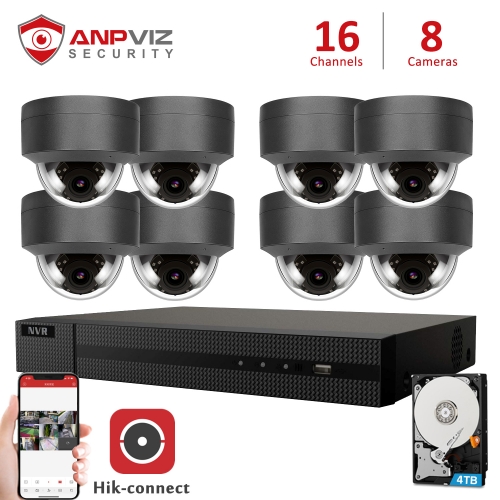 Anpviz (Hikvision Compatible) 5MP 16CH PoE IP Camera System, 16 Channel 4K HD POE NVR, 8 x 5MP 2592x1944P Dome IP PoE Cameras, Audio, Weatherproof IP66, Motion Alert, 2.8mm Fixed Lens, Gray, Onvif