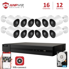 Anpviz (Hikvision Compatible) 5MP 16CH PoE IP Camera System, 8 Channel 4K Onvif NVR, 12 x 5MP Weatherproof IP66 IP PoE Bullet Cameras With Audio SD Card Slot, Night Vison 98ft, White