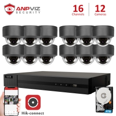 Anpviz (Hikvision Compatible) 5MP 16CH IP PoE Camera System, 16 Channel 4K Onvif NVR, 12 x 5MP Night Vision 98ft IP66 IP Dome PoE Cameras, Audio, 2.8mm Fixed Lens, Gray