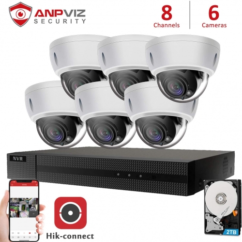 Anpviz 5MP 8 Channel Security Camera NVR System, 8CH 4K H.265 NVR with 2TB HDD with 6pcs White 5MP Dome Outdoor IP POE Cameras Home Security System with Audio, Weatherproof, 98ft Night Vision