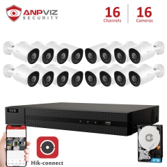 Anpviz (Hikvision Compatible) 5MP 16CH IP PoE Camera System, 8 Channel 4K POE NVR, 16 x 5MP Weatherproof IP66 IP PoE Bullet Cameras With Audio SD Card Slot, Night Vison 98ft, 2.8mm Fixed Lens
