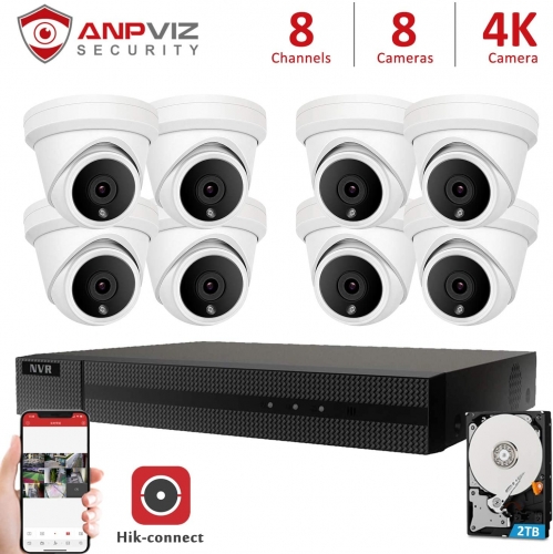 Anpviz (Hikvision Compatible) 8CH 4K CCTV KIT 8-channel 4K PoE NVR Onvif, 5MP H.265 POE Dome IP Camera 2TB HDD included iVMS-4200, Weatherproof IP66, 2.8mm Wide Angle Lens, Motion Detection, Plug and Play