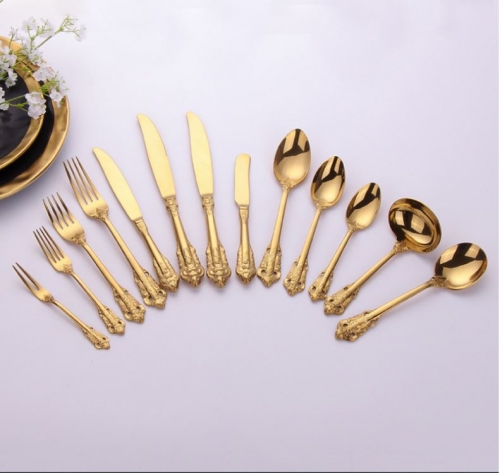 Popular Royal Palace style 18/10 gold stainless steel cutlery with fork knife and spoon