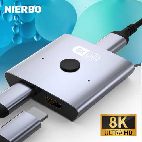 NIERBO 8K Bi-Directional HDMI 2.1 Switch Splitter 2 in 1 Out Ultra HD 4K@120Hz 8K@60Hz 48Gbps Aluminum HDMI Hub for PS5 Xbox