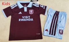 (With Chest Ad)26-27 Aston Villa Home Maroon Kid/Youth Soccer Uniform-1794