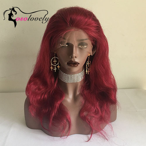 Colorful Osolovely hair burgundy body wave lace front wig glueless cap pre plucked hairline